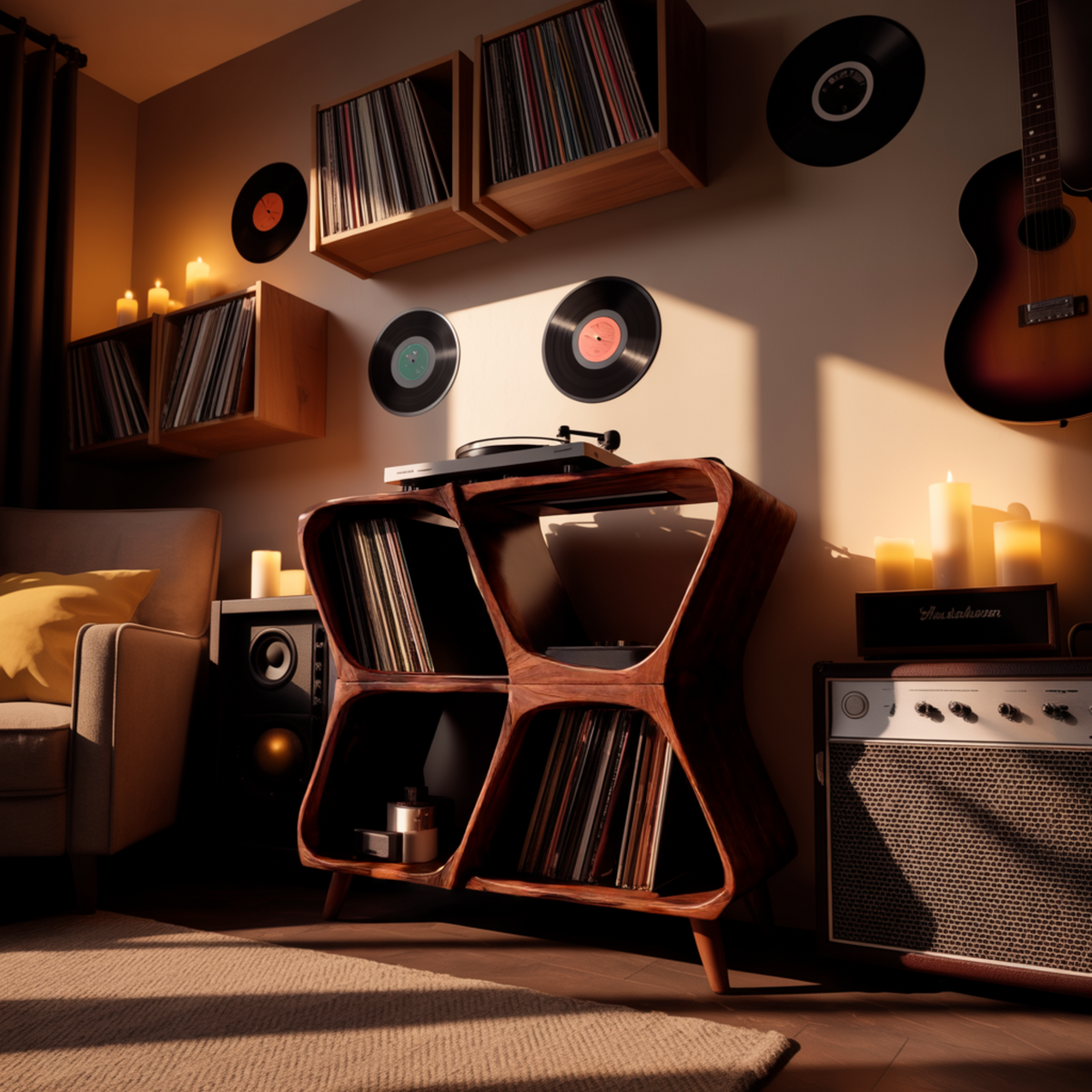 Harmona Sculpted Solid Wood Record Player Stand With Storage