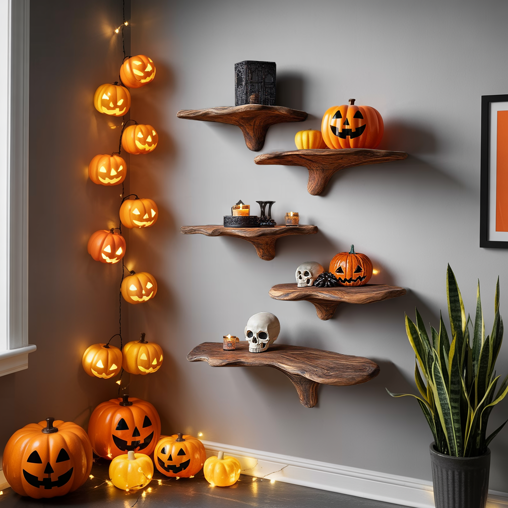 Mid Century Live Edge Mushroom Shelf Halloween Bedroom Styling