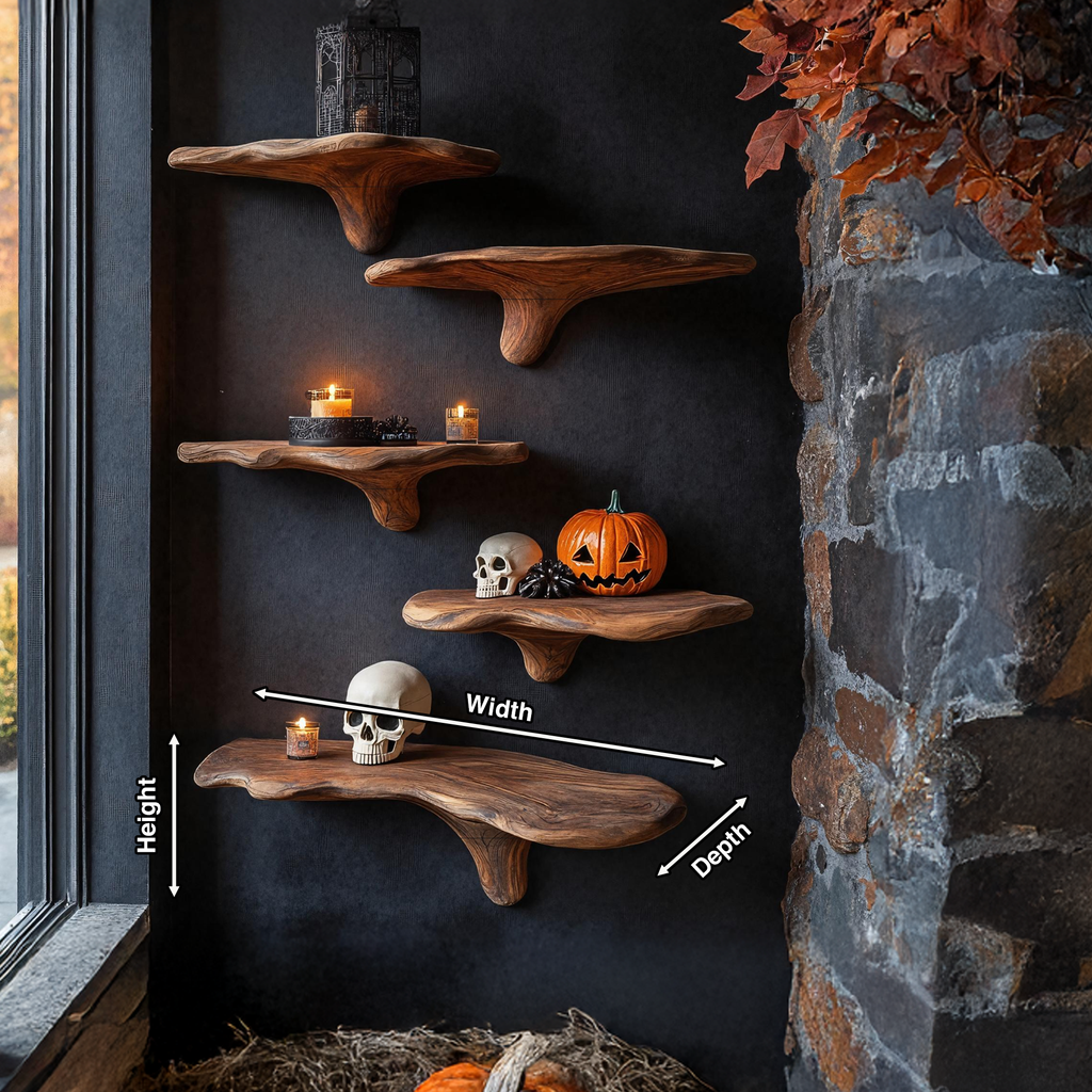 Mid Century Live Edge Mushroom Shelf Halloween Bedroom Styling