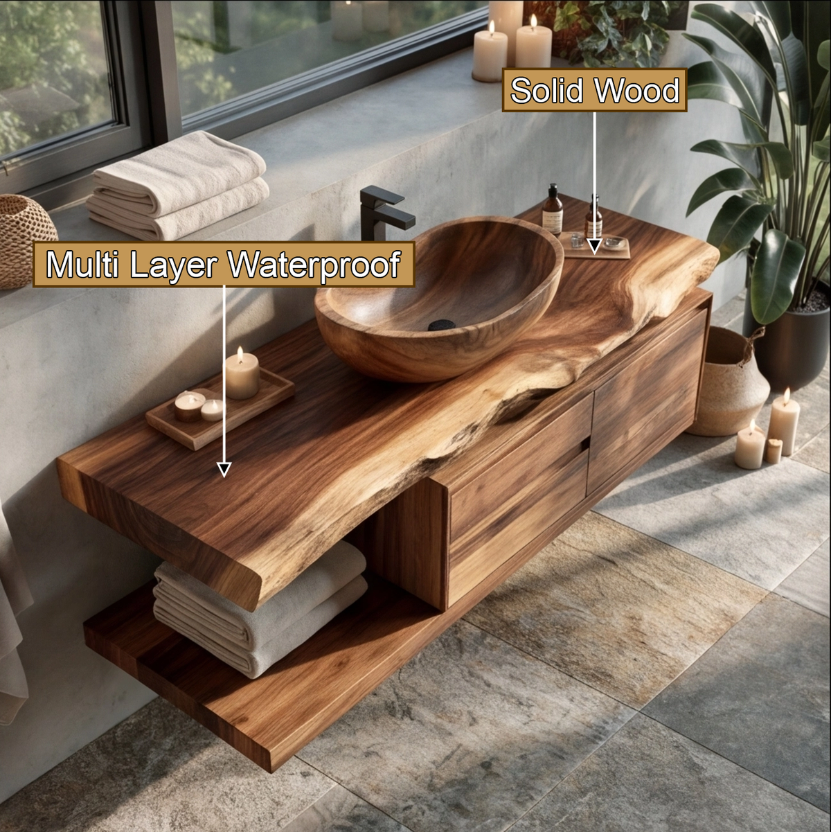 Vaelthorn Live Edge Solid Wood Floating Bathroom Vanity With Drawers