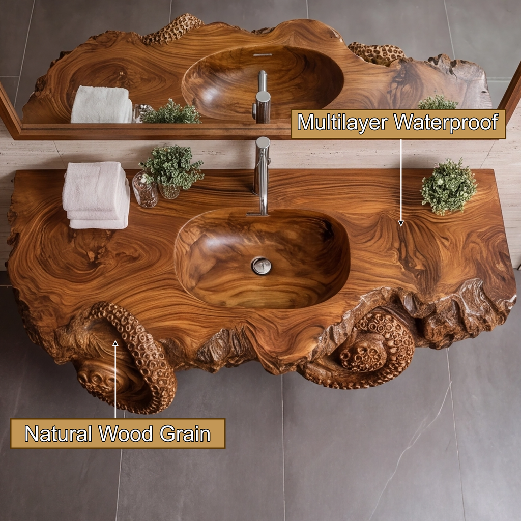 Velmora Octopus Form Sculpted Solid Wood Floating Bathroom Vanity With Integrated Sink