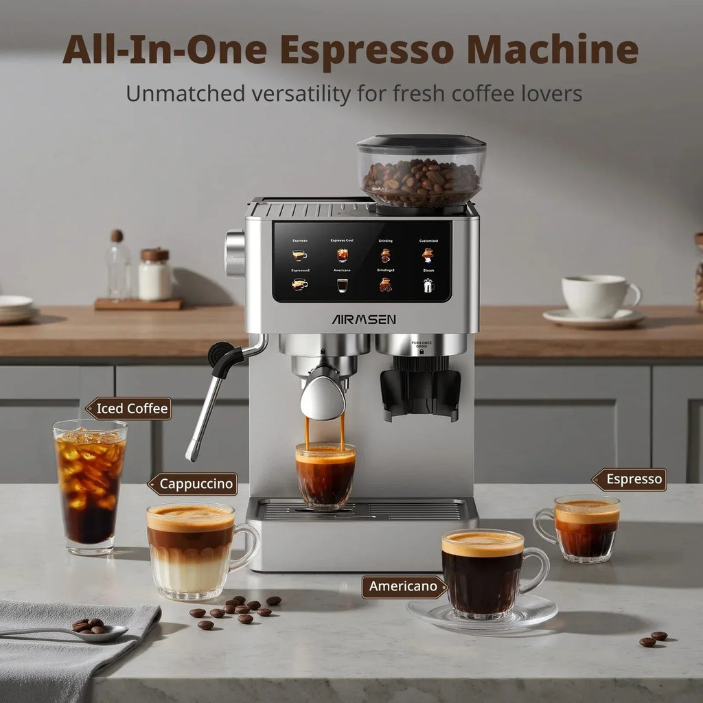 AIRMSEN Espresso Machine With Grinder, 20-Bar, 1350W, 63oz, Brushed Stainless Steel