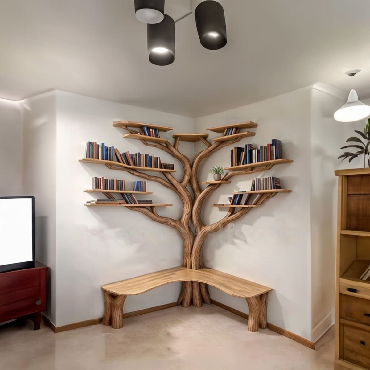 Tree Floating Corner Bookshelf With Corner Bench Lshaped