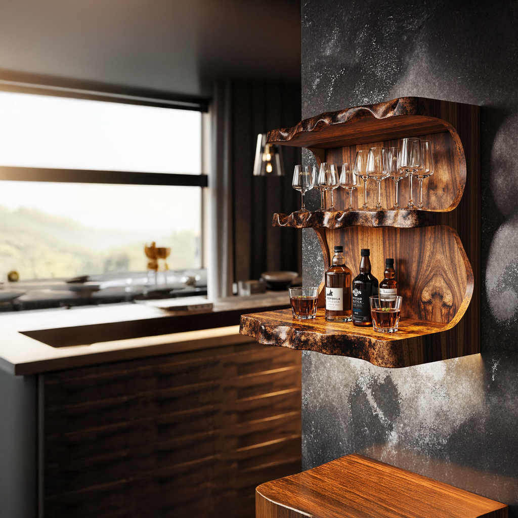 Stylish Vintage Natural Wood Wine Bar Shelf For A Cozy Space